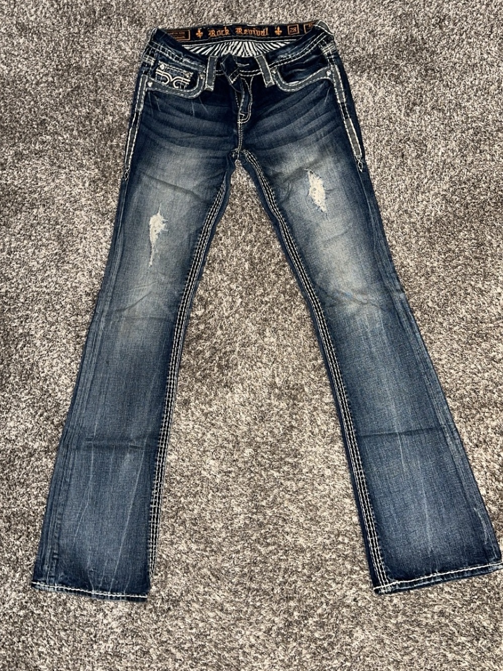 Rock Revival Women's Dark Blue Bootcut Jeans with Distressed Detailing